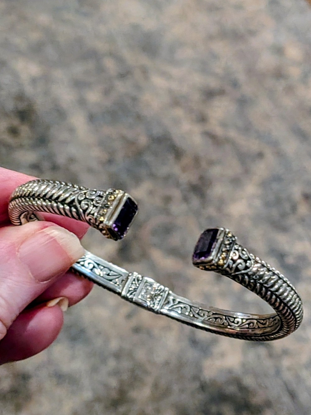 Bali Sterling Silver Cuff Bracelet with 18k Beads Amethyst Gemstone